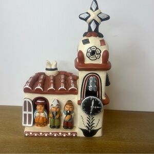 Hand Crafted Folk Art Peruvian Terracotta Mission Church With Native Folks
